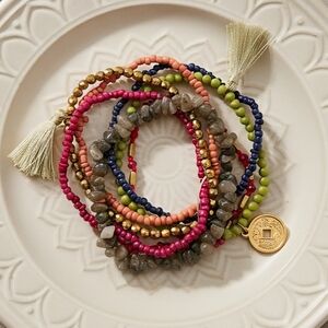 Artisanal Indian Boho Colorful Beaded Bracelet Set With Tassels & Gold Charm